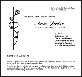 Traueranzeige von Anni Jerina von Hersbrucker Zeitung